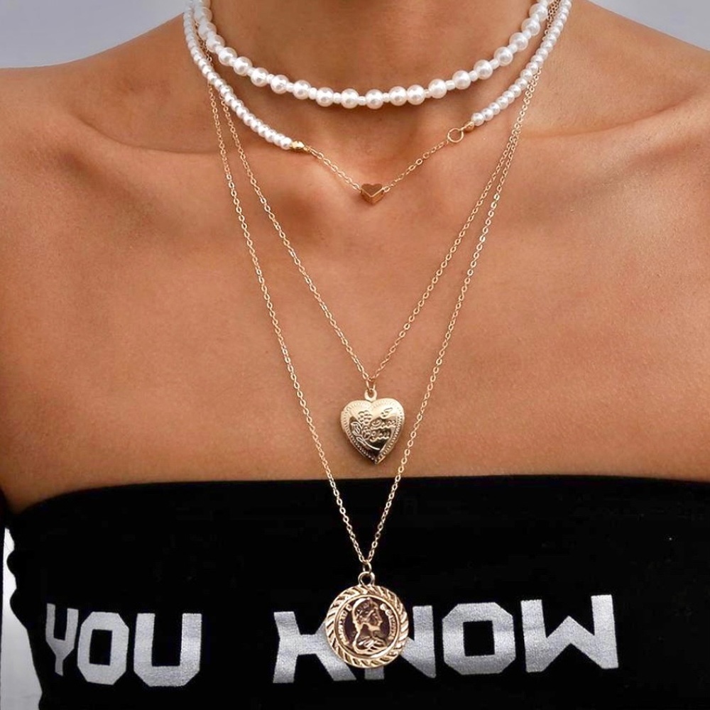 Romantic Heart Locket Gold Pearl Necklace Layering